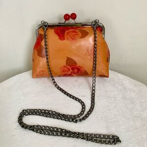 Handmade Genuine Leather Rose Print, Cherry Kisslock Purse/Wristlet/Crossbody